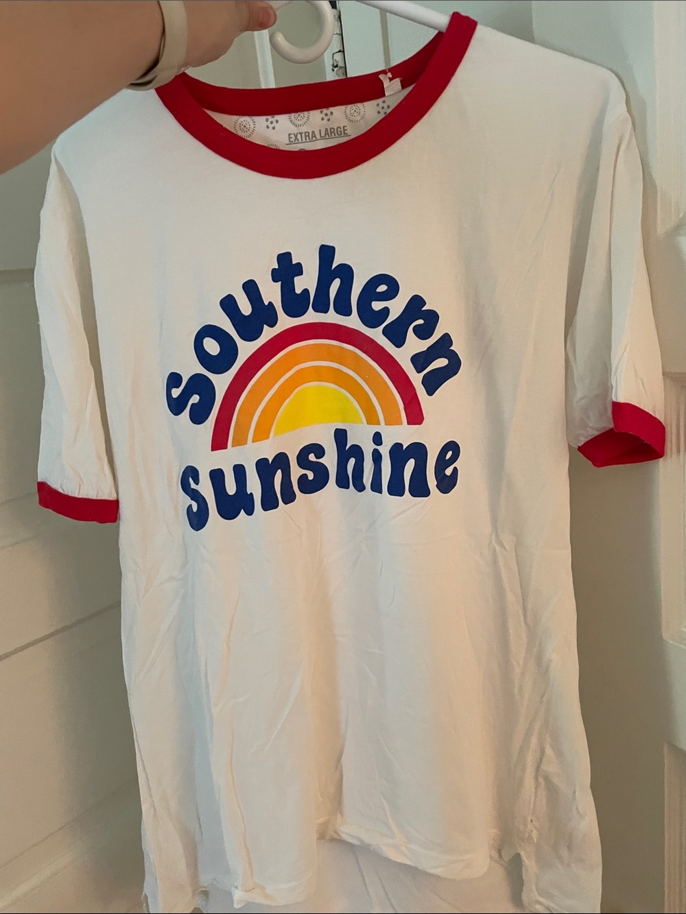 Southern Sunshine Graphic Ringer Tee - White with Red Trim